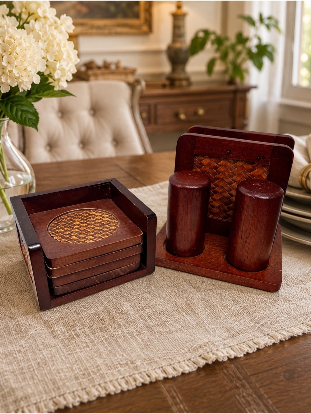 Wooden Woven Accent Coaster and Salt & Pepper Set - Brown